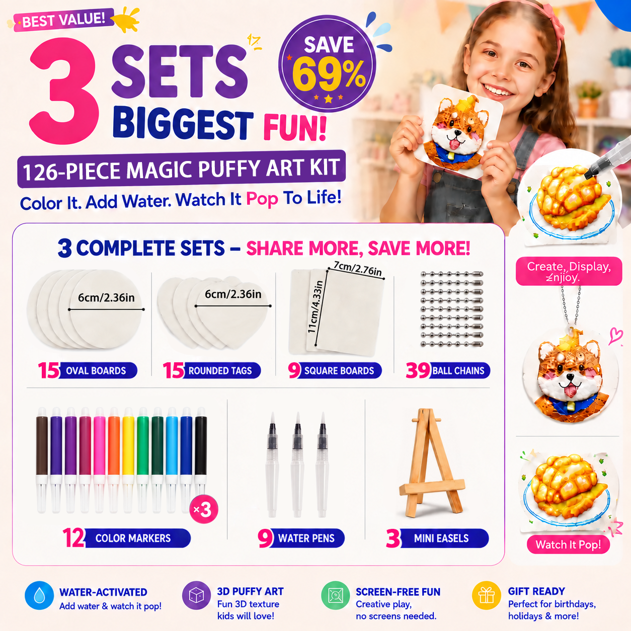3 Sets 126-Piece Magic Puffy Art Bundle