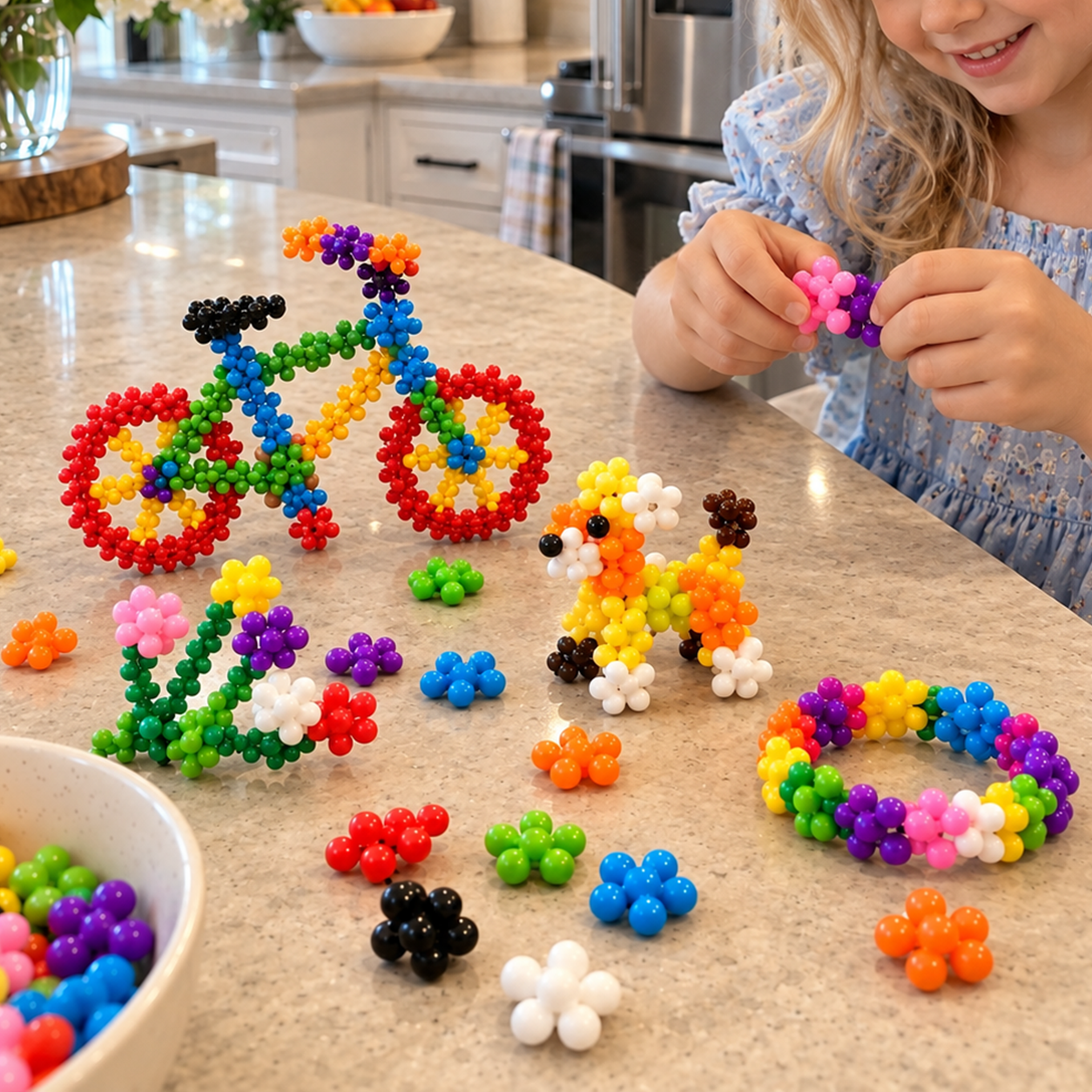 Child building colorful models at home