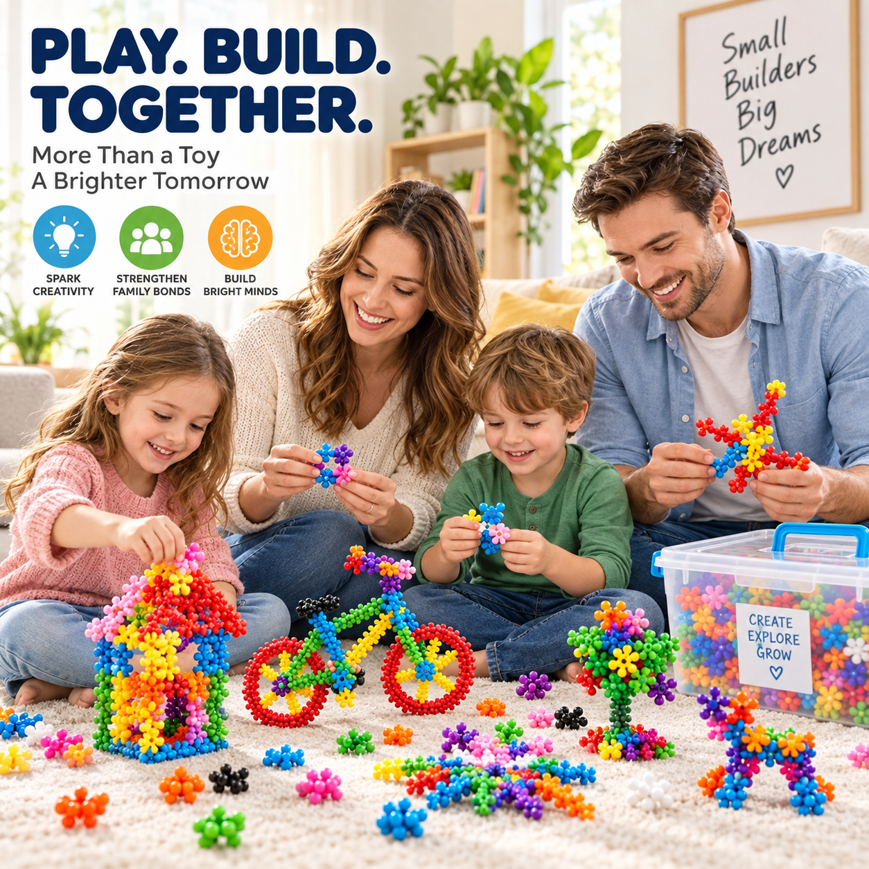 Family building colorful interlocking creations together