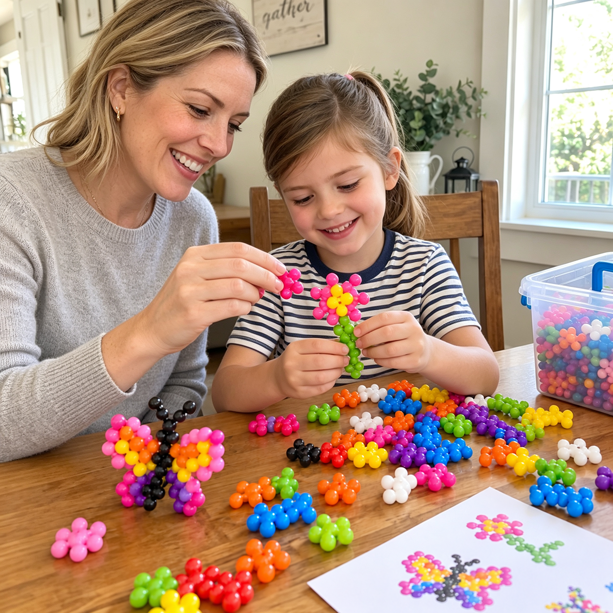 Mother and child making a flower creation together