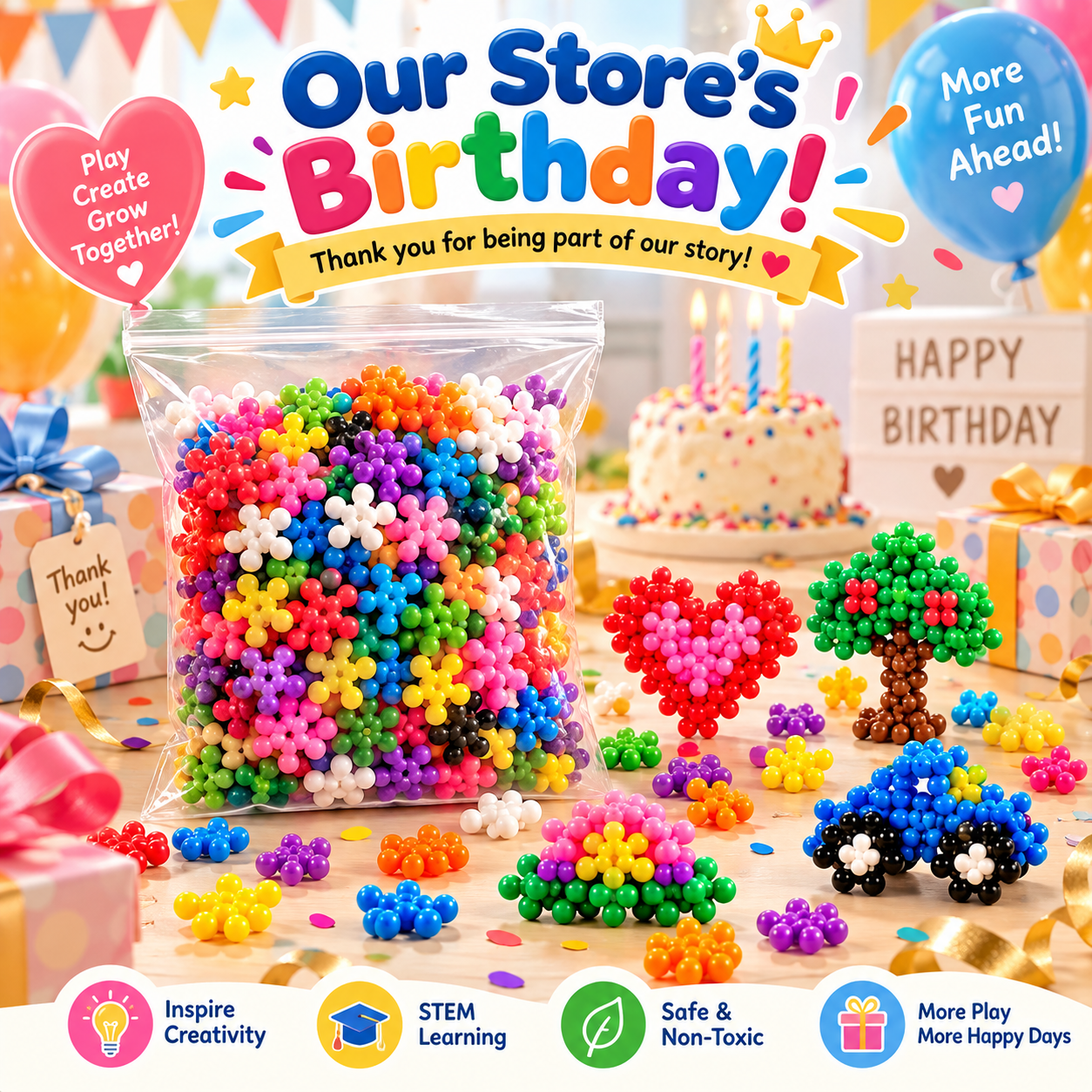 Store birthday one-day sale with colorful building pieces