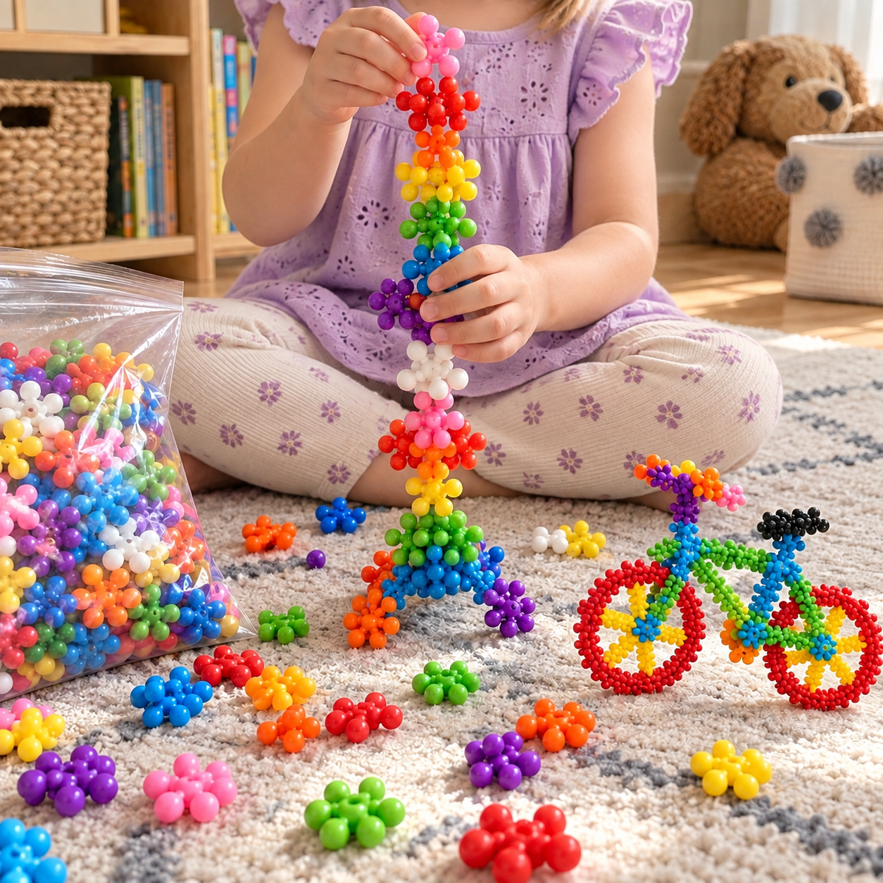Child building a tall colorful creation