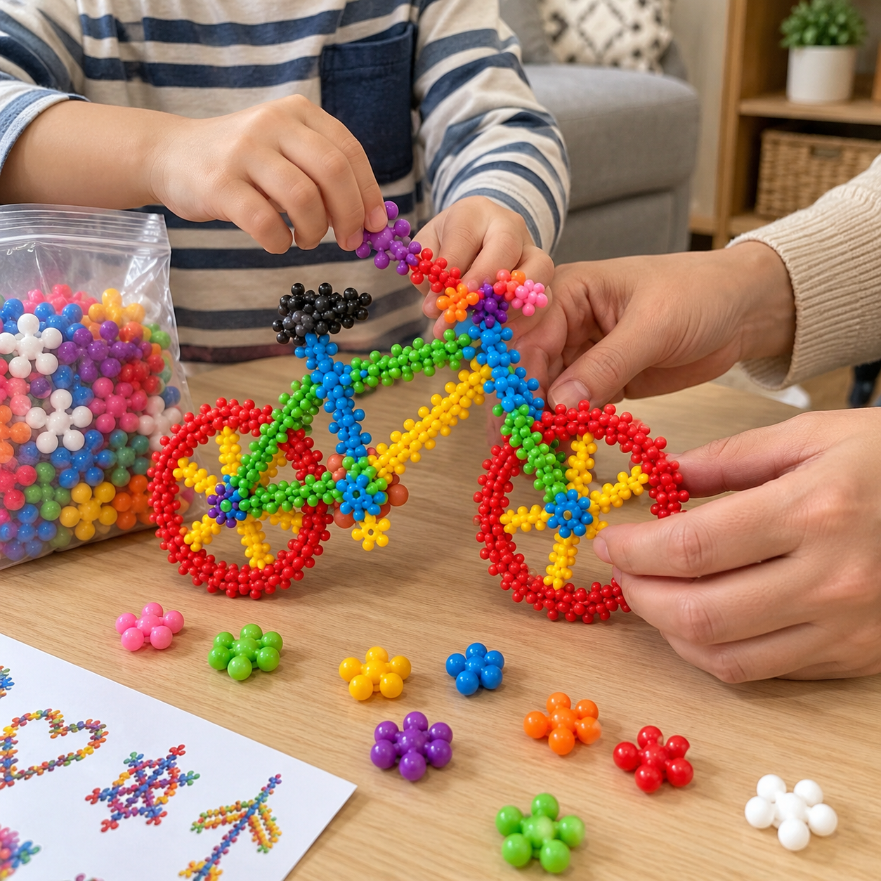 Hands building a colorful bicycle model