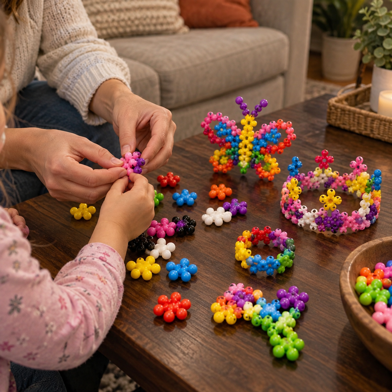 Family making colorful interlocking models