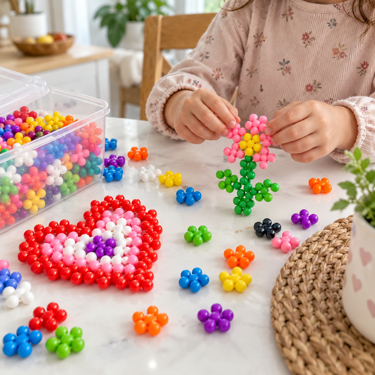 Child creating a colorful flower from interlocking pieces