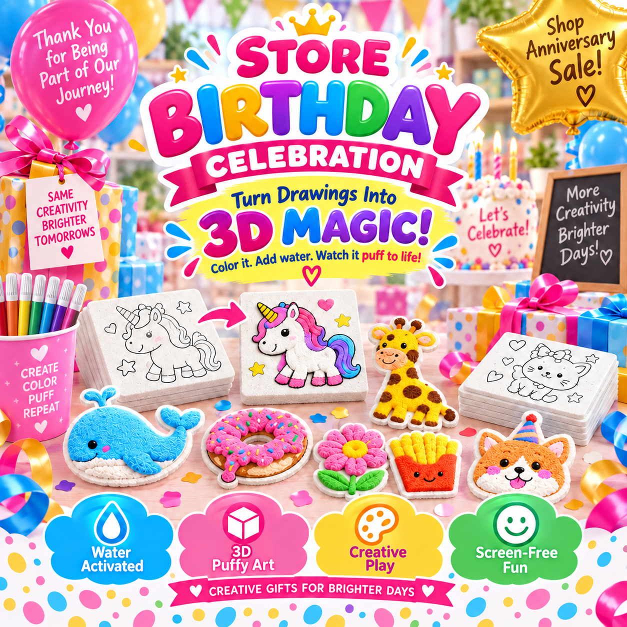 3D Puffy Art store birthday celebration