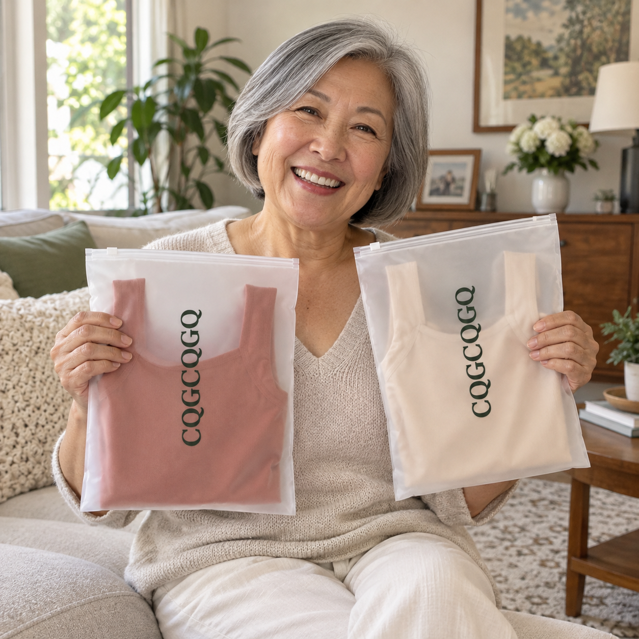 CQGCQGQ customer holding pink and white tank tops