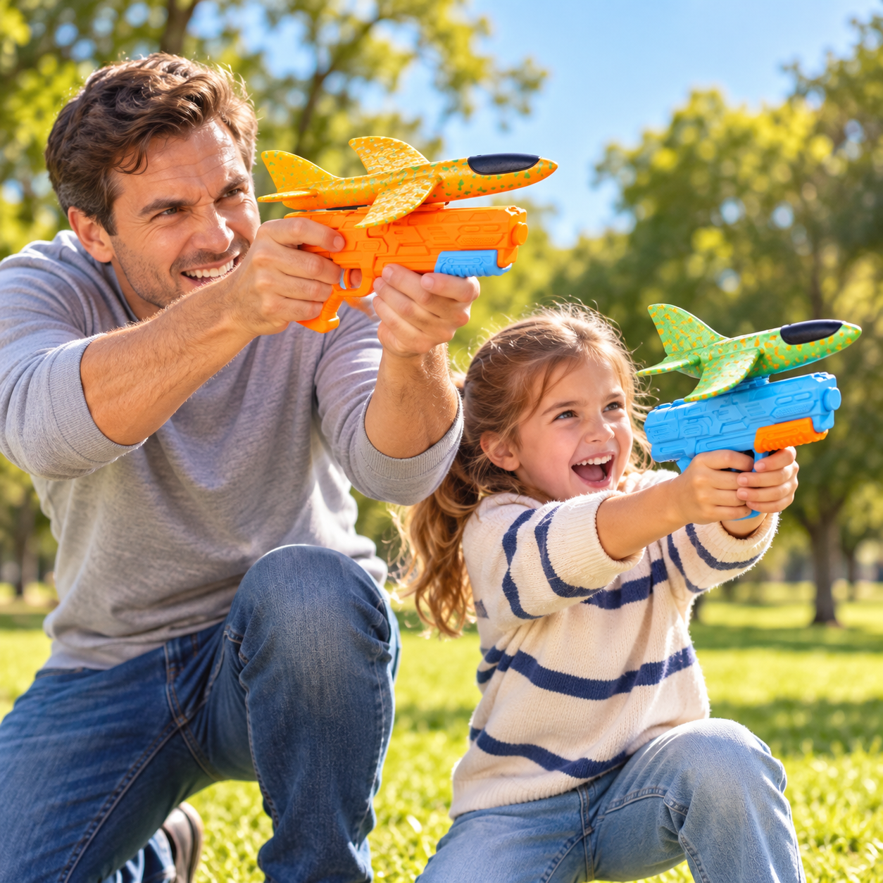 Parent and child enjoying foam airplane launcher outdoors
