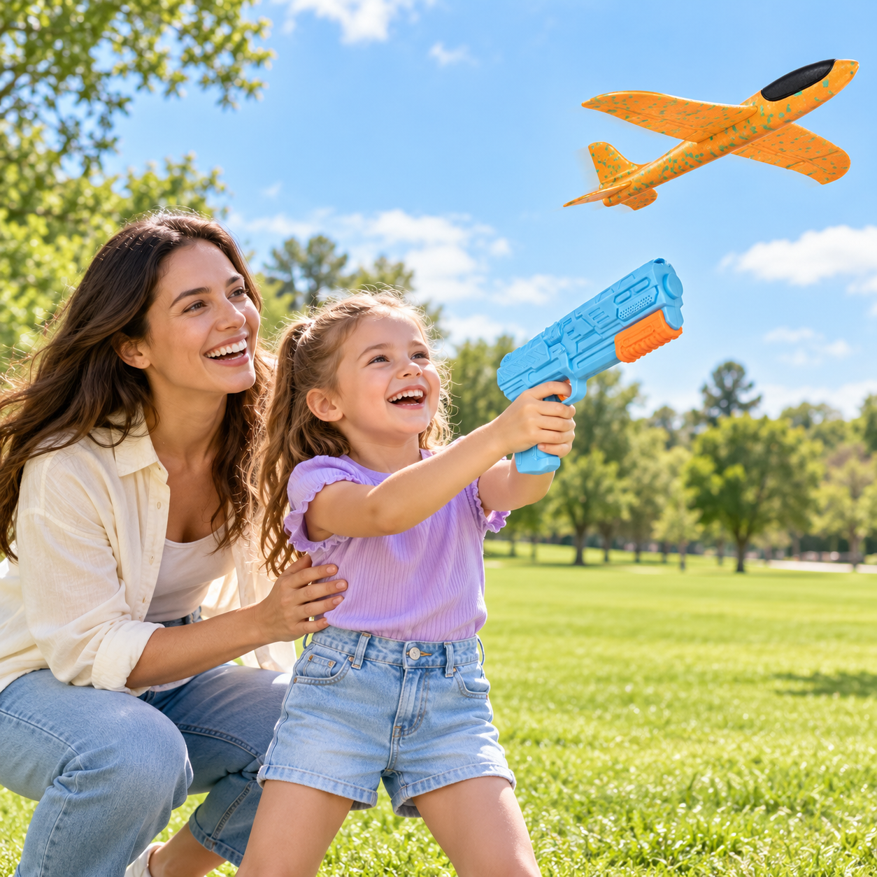 Mother and daughter launching a foam airplane in the park