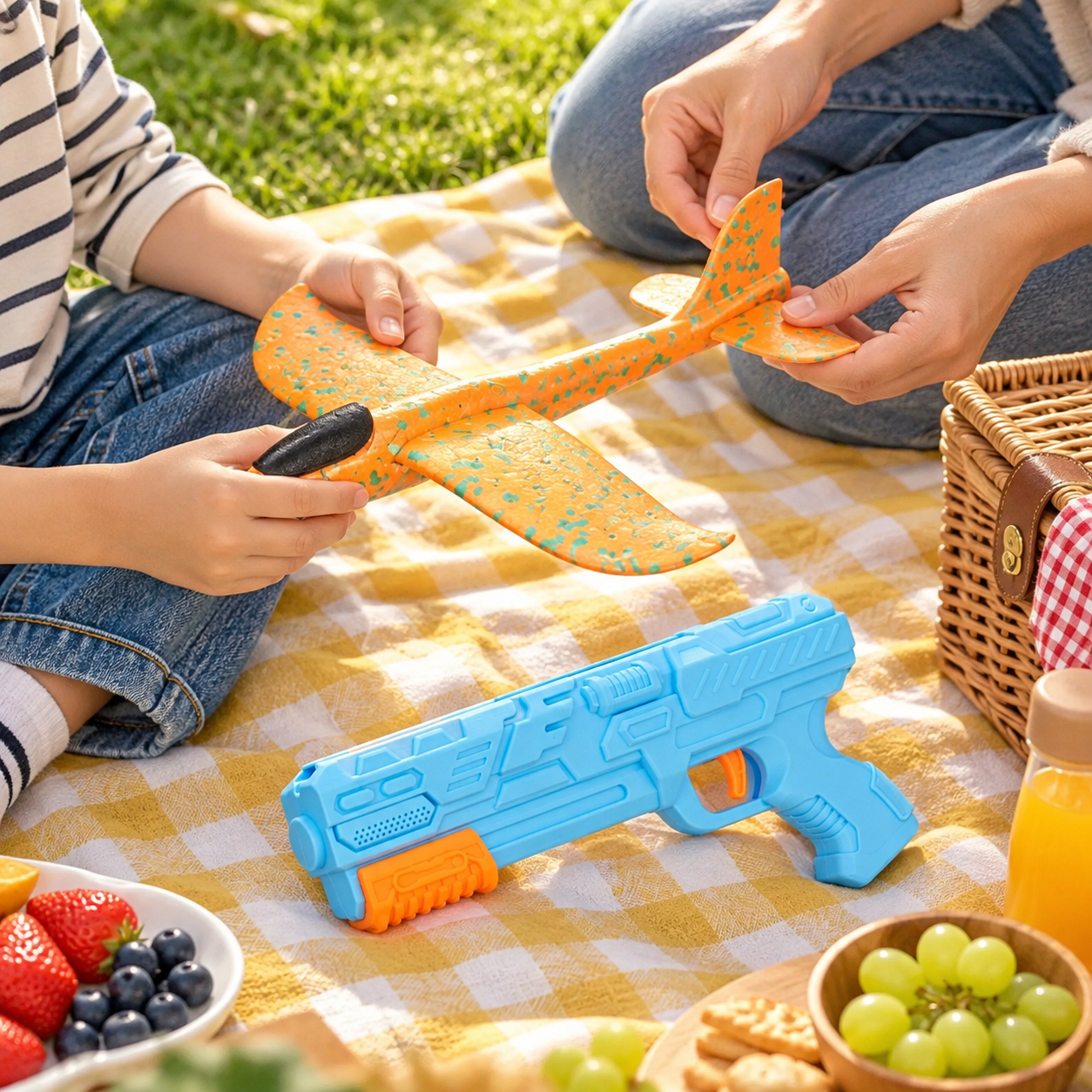 Family assembling a foam airplane during a picnic