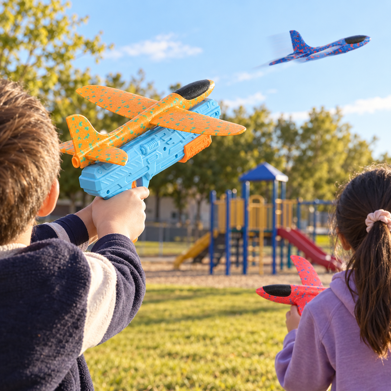 Kids playing with foam airplane launcher at a playground