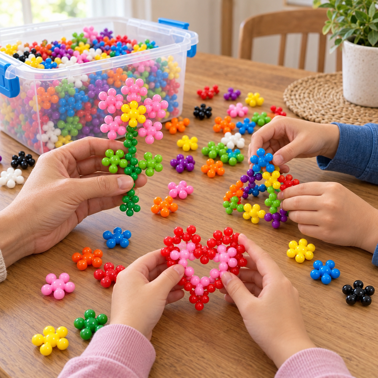 Several hands building colorful creations together