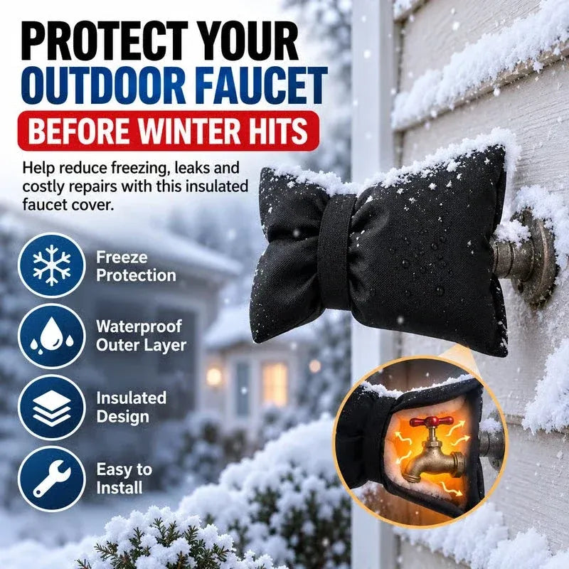 Outdoor faucet cover protecting a faucet in winter