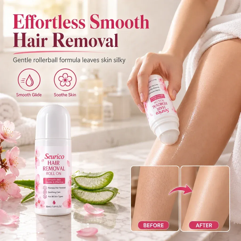 Roll-on hair removal product and smooth leg before-and-after illustration
