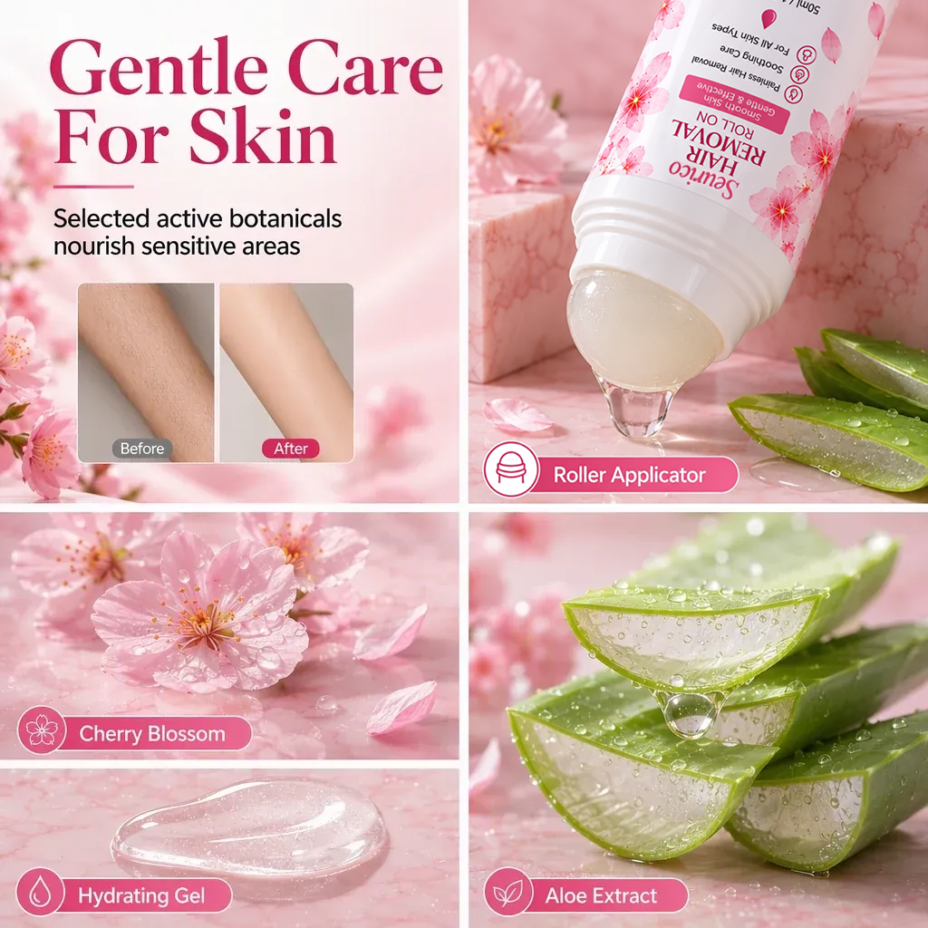 Detail collage of rollerball applicator, gel texture, aloe and cherry blossom motifs