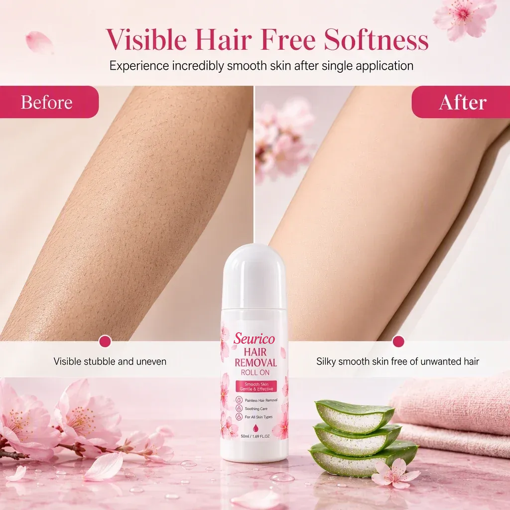 Illustrative before and after comparison of a leg using roll-on hair remover
