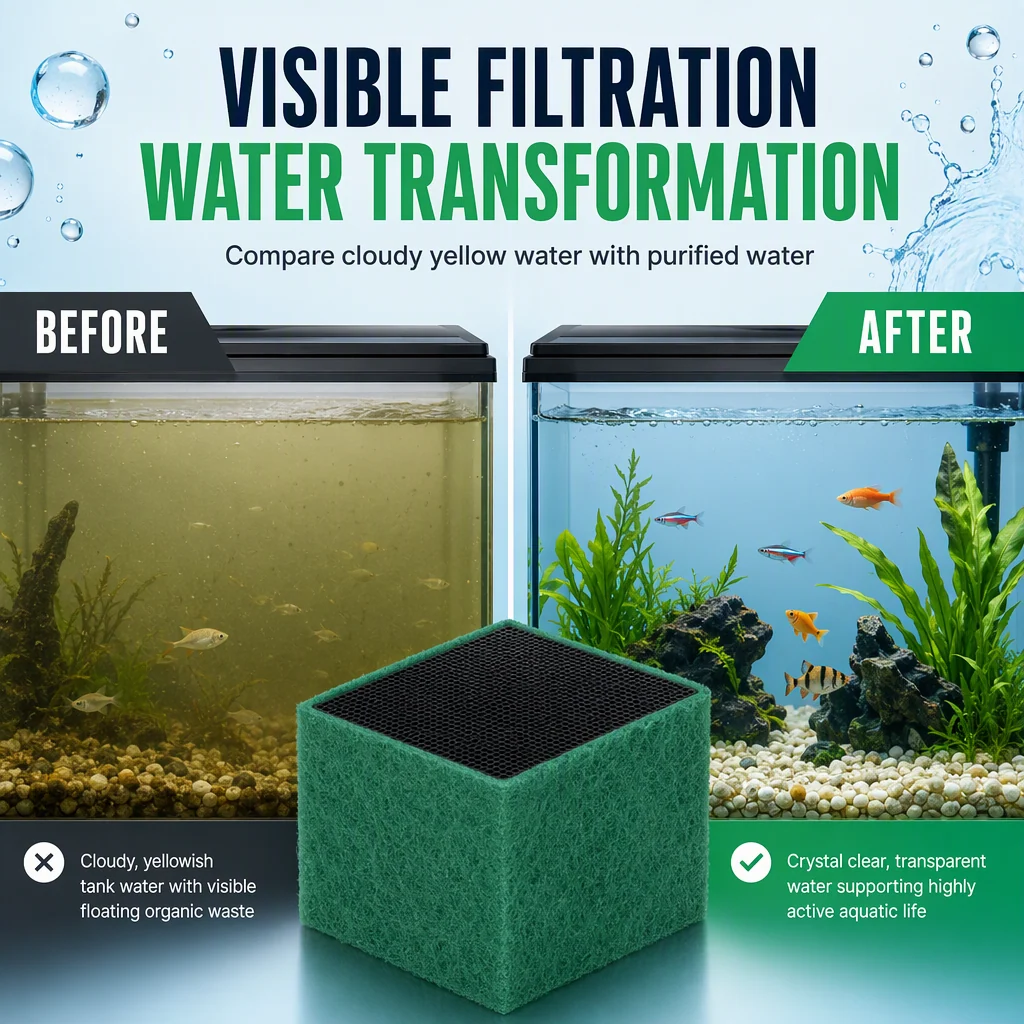 Before-and-after aquarium water clarity comparison featuring a green filter block