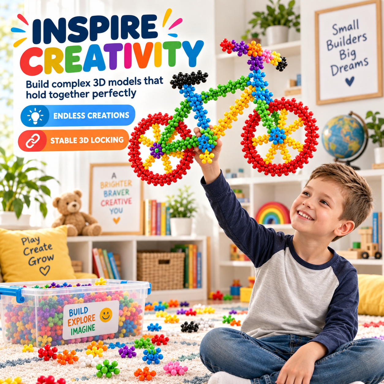 Child holding a colorful 3D building-block creation