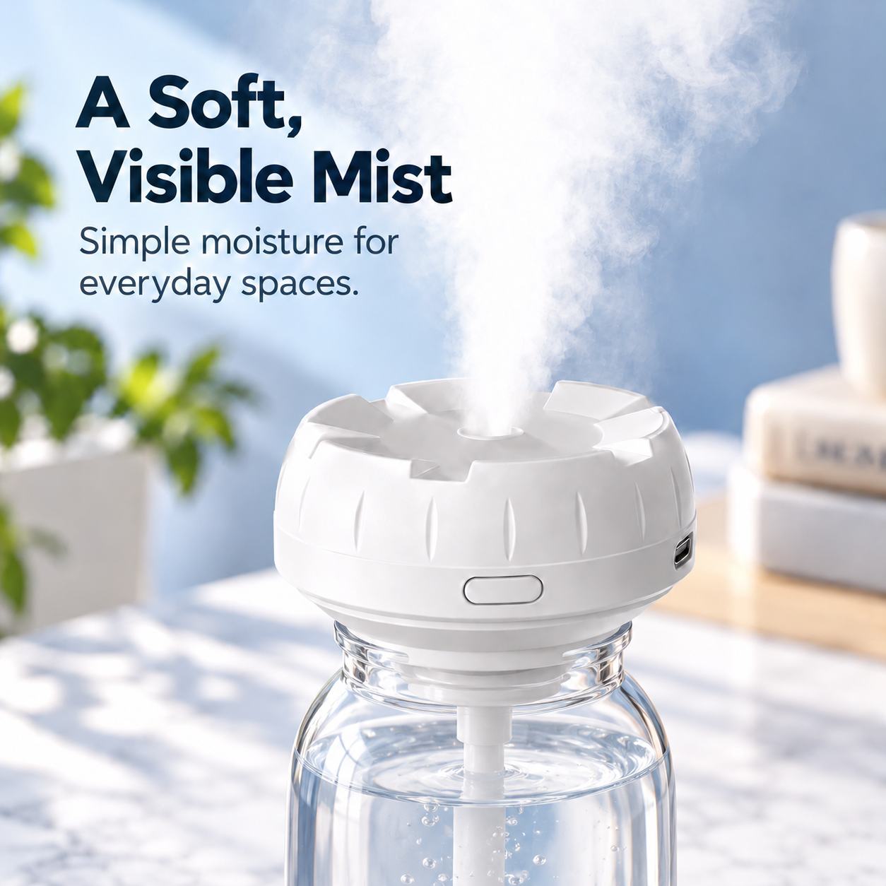 Portable bottle humidifier producing soft mist