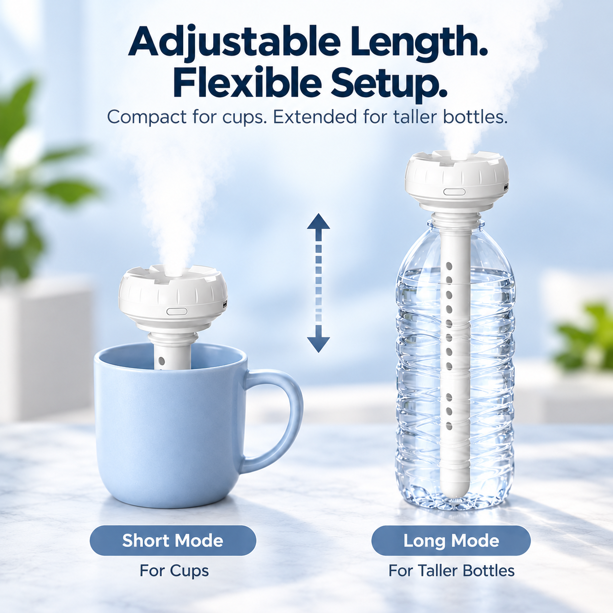 Adjustable portable humidifier tube for cups and bottles