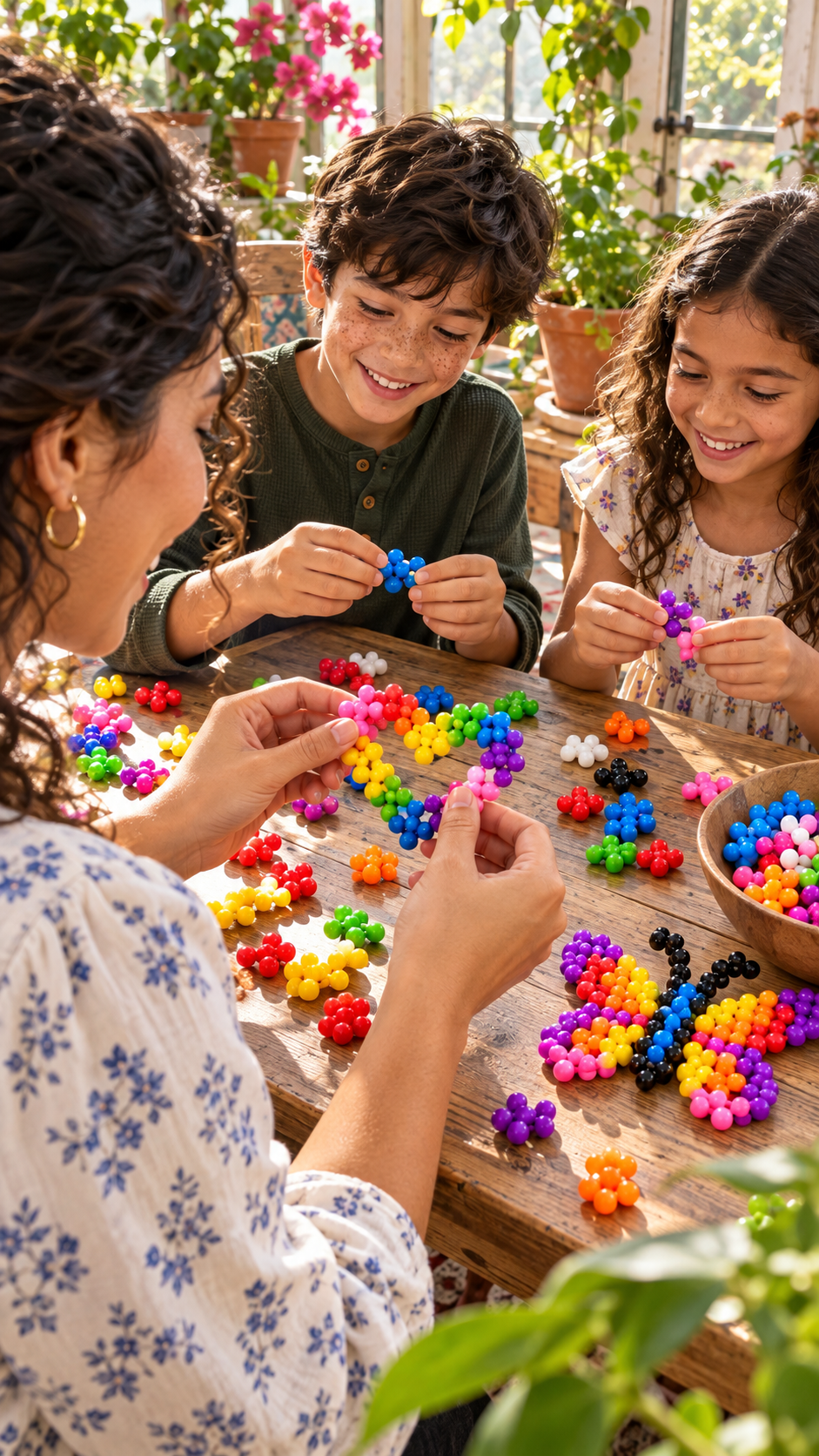 Family creating colorful interlocking builds at a table
