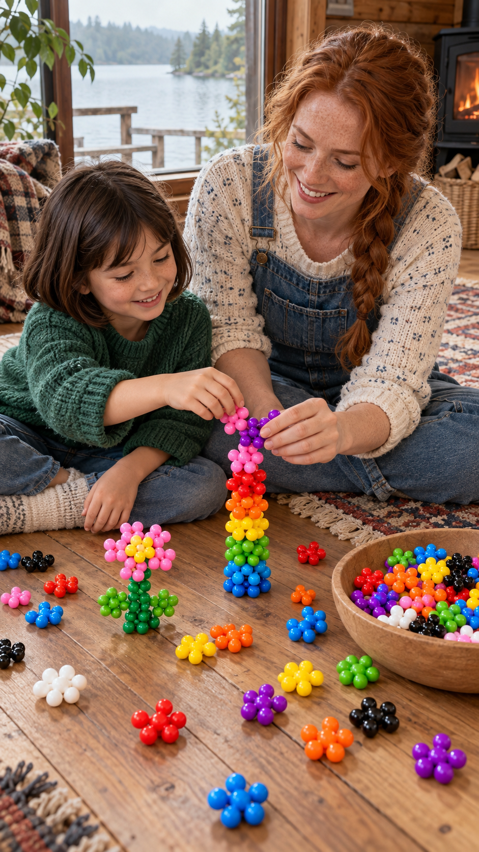 Parent and child building colorful interlocking creations together