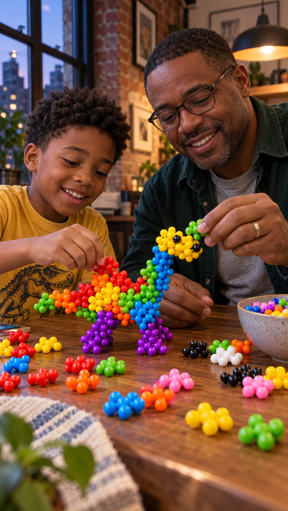 Father and child building a colorful animal model