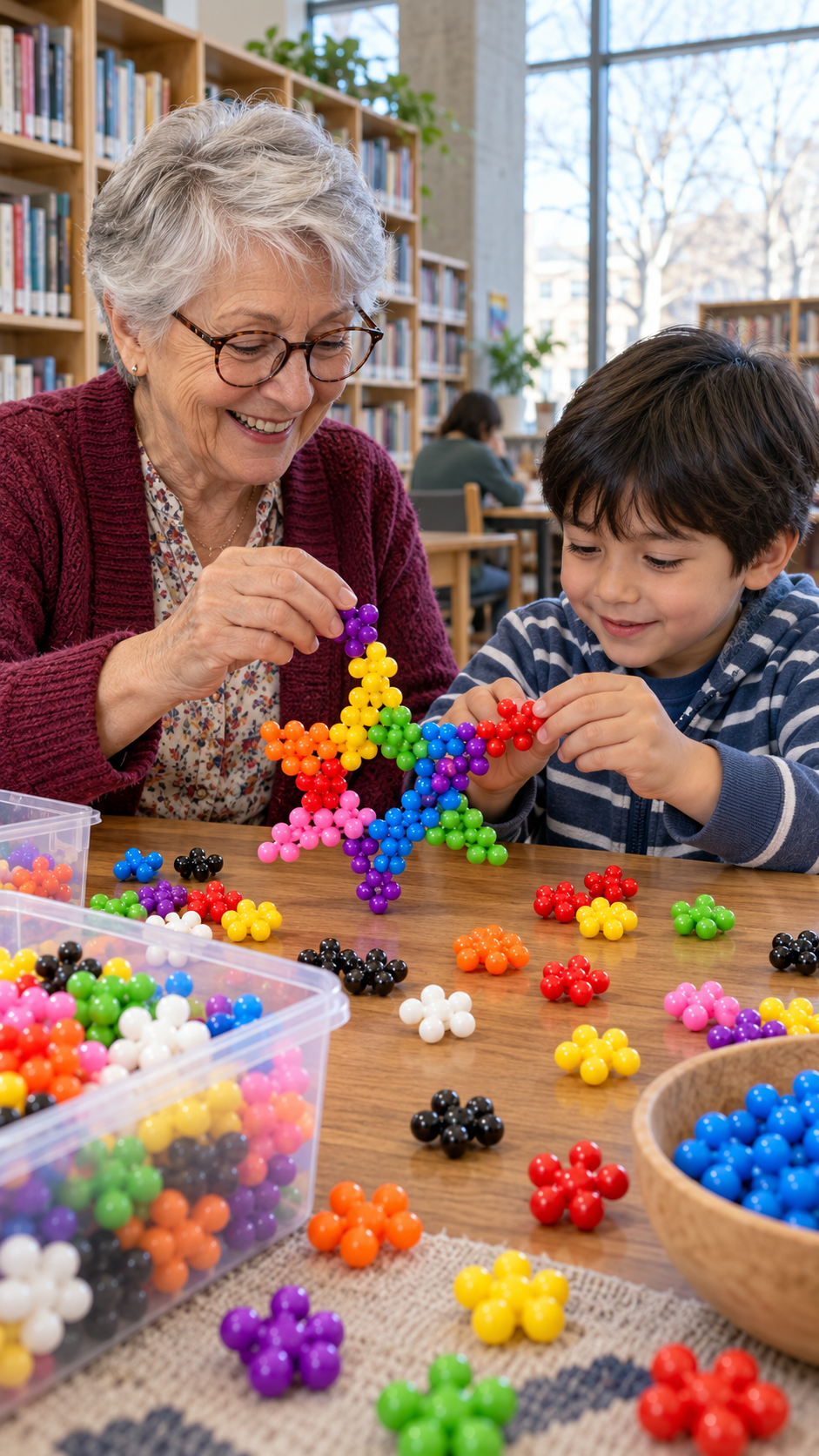 Grandparent and child building a colorful creation together