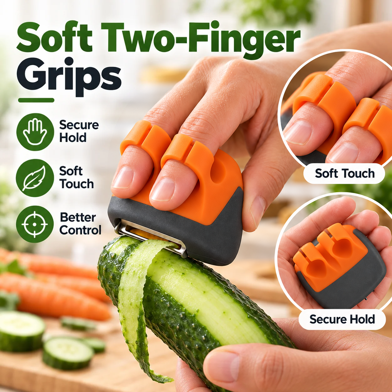 Soft two-finger grips on palm-fit vegetable peeler